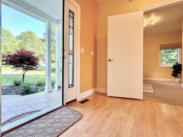 doorway to outside with rail lighting and light hardwood / wood-style floors