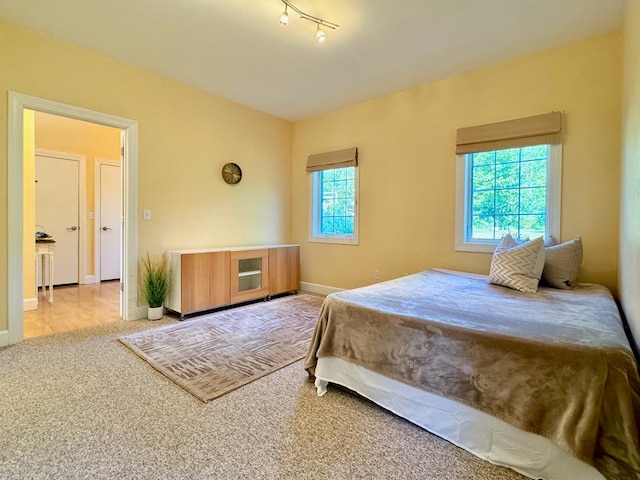 bedroom with light colored carpet