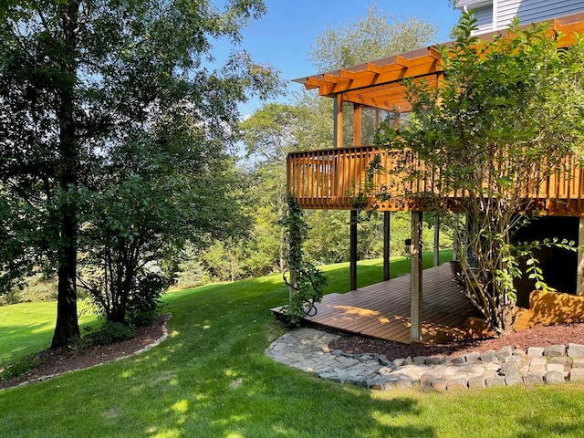 view of yard featuring a wooden deck