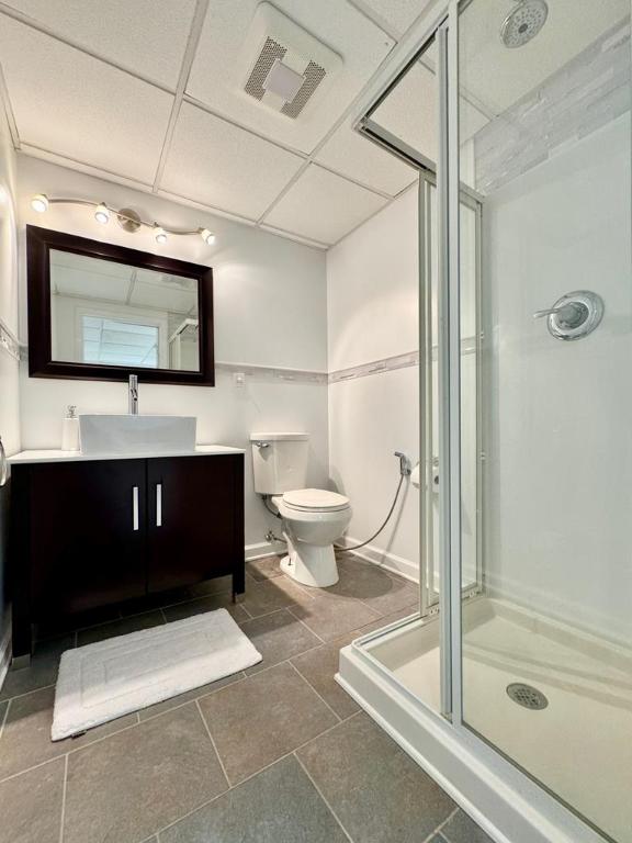 bathroom featuring vanity, a shower with shower door, toilet, and a drop ceiling