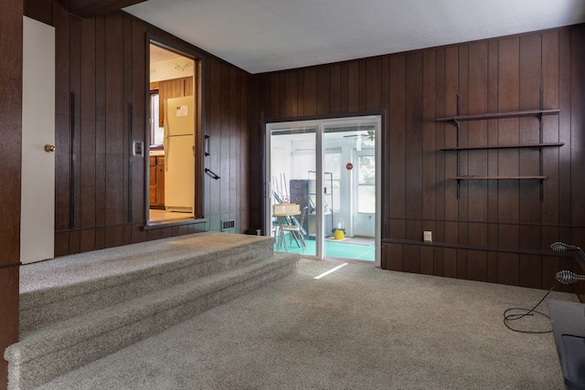 interior space with wood walls and carpet flooring