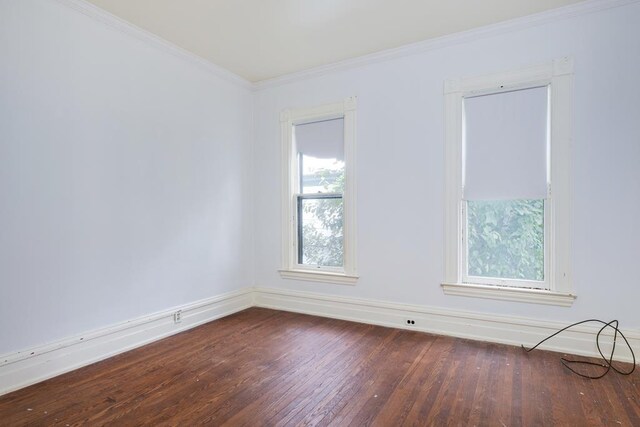 empty room with dark hardwood / wood-style flooring and ornamental molding