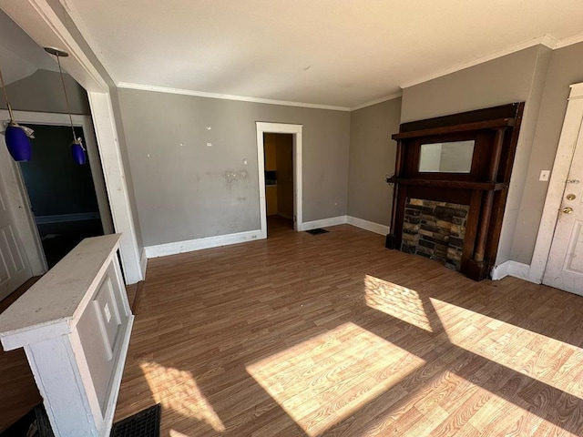 living room featuring crown molding and dark hardwood / wood-style flooring