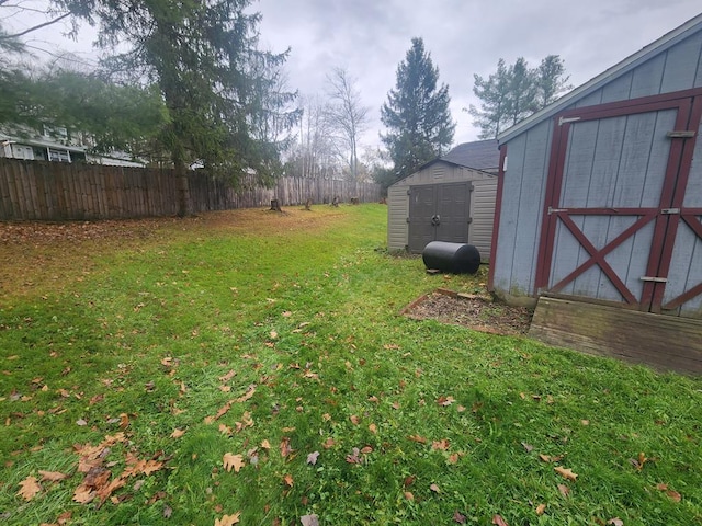 view of yard featuring a storage unit