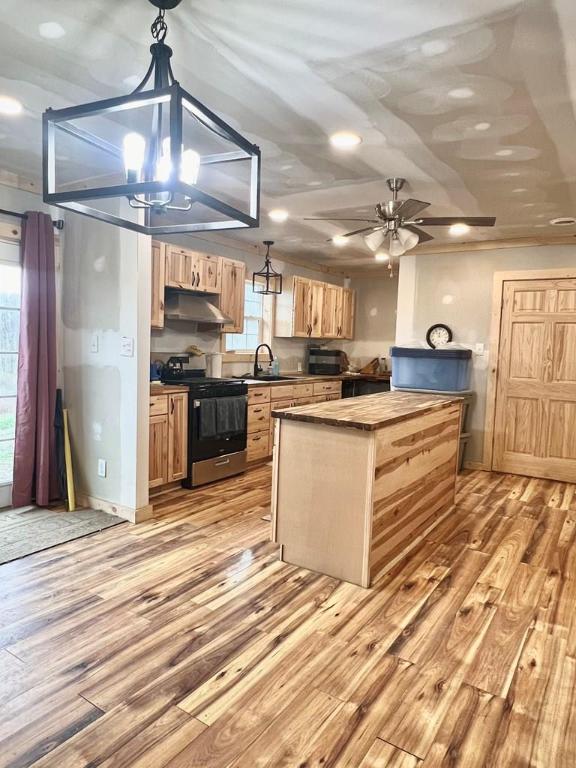 kitchen featuring sink, pendant lighting, stainless steel range, and light wood-type flooring