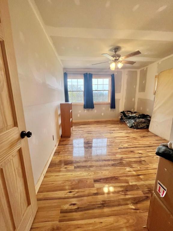 empty room with hardwood / wood-style floors and ceiling fan