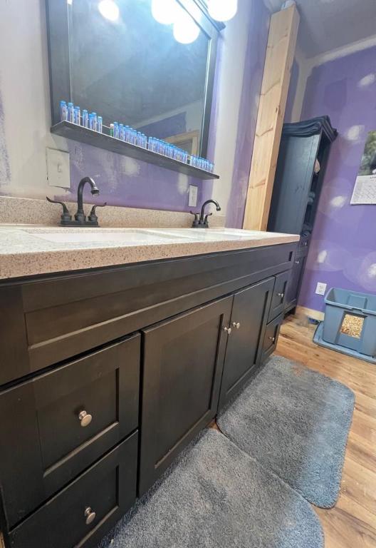 bathroom featuring vanity and hardwood / wood-style floors