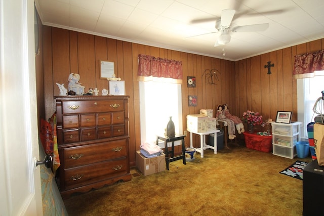 misc room featuring crown molding, carpet floors, and ceiling fan