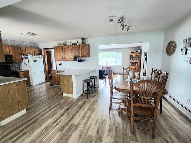 dining space with a baseboard radiator, rail lighting, a baseboard heating unit, wood finished floors, and baseboards