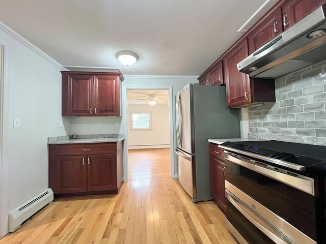 kitchen with extractor fan, a baseboard radiator, light hardwood / wood-style floors, and appliances with stainless steel finishes