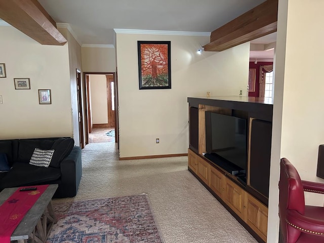 living room with ornamental molding and light carpet