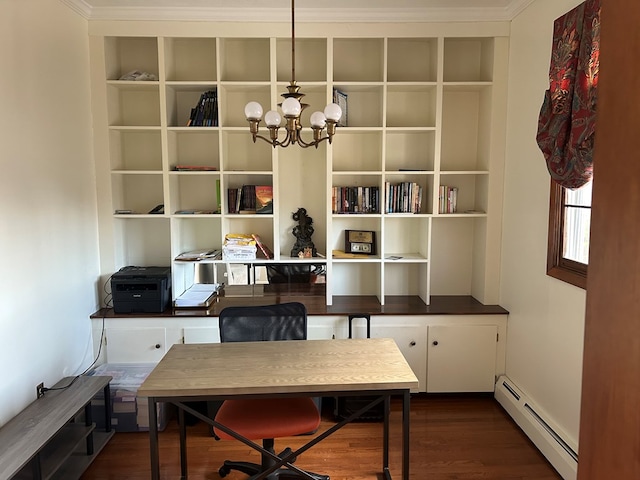 office area featuring an inviting chandelier, dark wood-type flooring, and baseboard heating