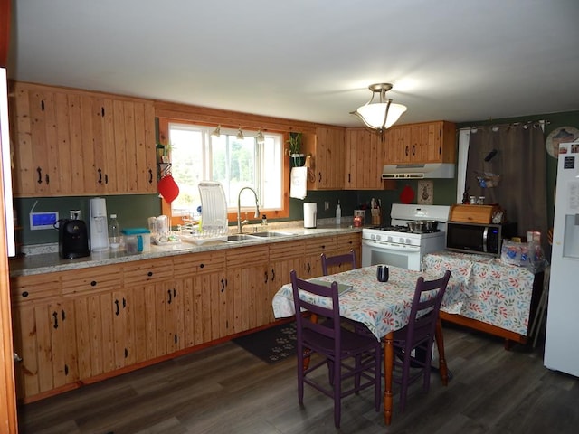 kitchen with dark wood-type flooring, white appliances, and sink