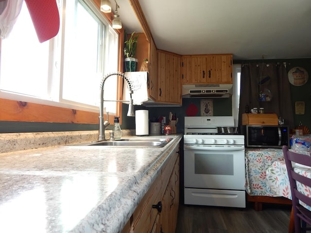 kitchen featuring dark hardwood / wood-style flooring, sink, and white gas stove