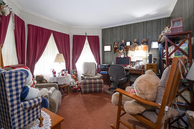 carpeted office featuring ornamental molding