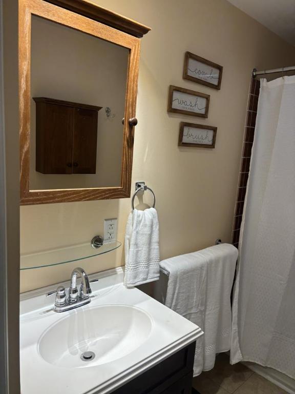 bathroom featuring tile patterned flooring, vanity, and curtained shower