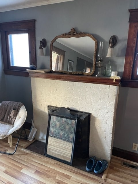 room details with hardwood / wood-style floors and crown molding