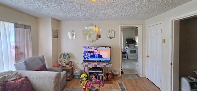 living room featuring a textured ceiling and light wood-type flooring