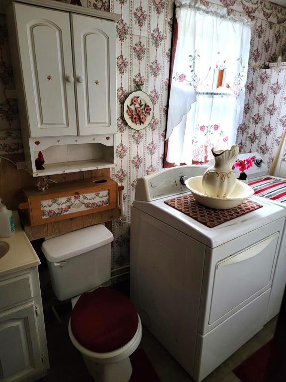 bathroom with vanity, washer / clothes dryer, and toilet