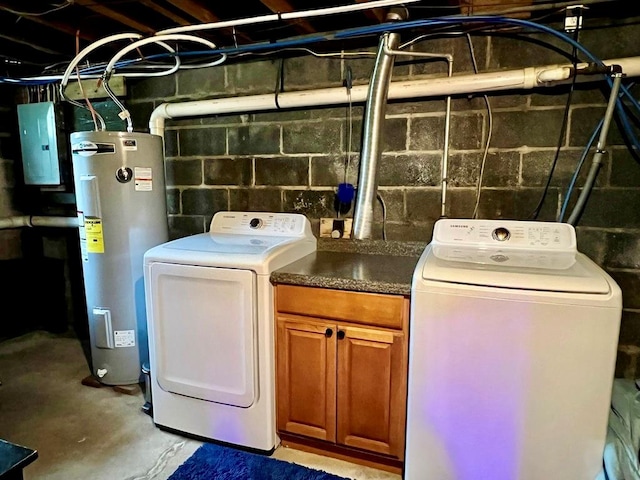 laundry room featuring washing machine and clothes dryer, electric panel, and water heater