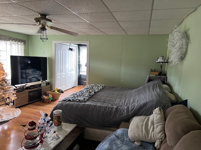 bedroom featuring a drop ceiling, hardwood / wood-style floors, and ceiling fan