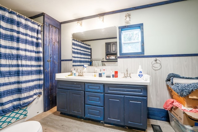 bathroom featuring vanity, wood-type flooring, toilet, and walk in shower