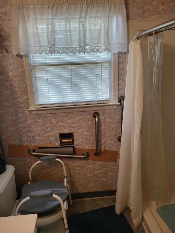 bathroom with a shower with curtain and toilet