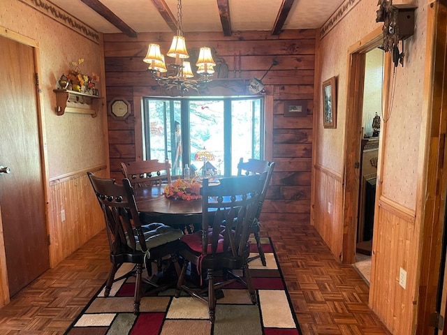 dining area featuring beamed ceiling, dark parquet flooring, and wooden walls