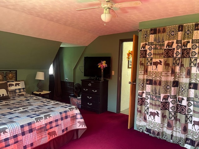 carpeted bedroom featuring ceiling fan and lofted ceiling