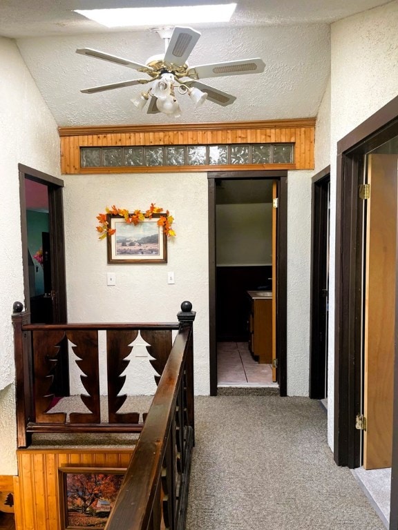 hallway with carpet flooring and a textured ceiling