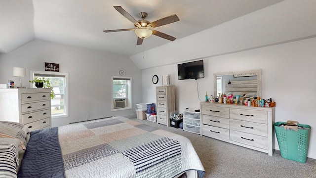 bedroom featuring cooling unit, vaulted ceiling, ceiling fan, and carpet