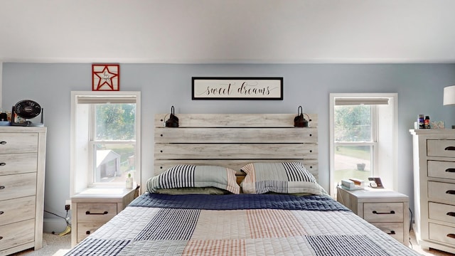 carpeted bedroom featuring multiple windows