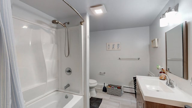 full bathroom with vanity, a baseboard heating unit, shower / bathtub combination, and toilet