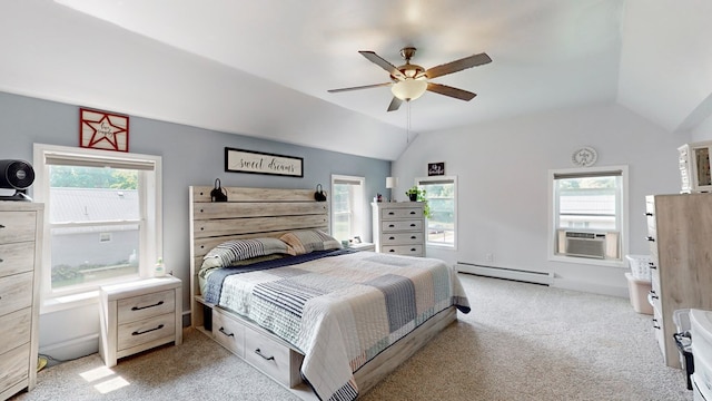 bedroom with ceiling fan, baseboard heating, cooling unit, vaulted ceiling, and light colored carpet