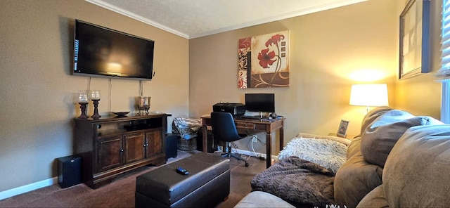 office with dark carpet and crown molding