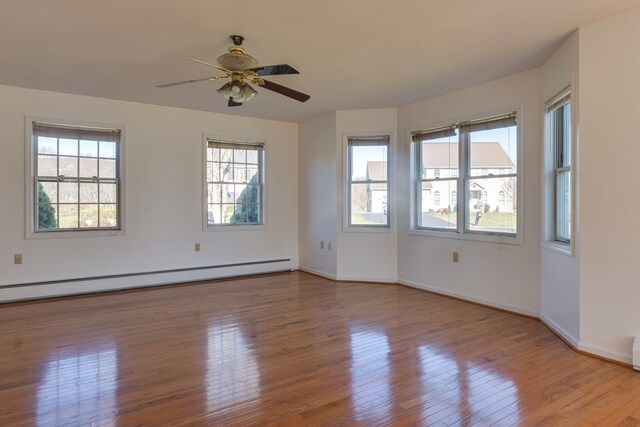 unfurnished room featuring light hardwood / wood-style floors, ceiling fan, and baseboard heating