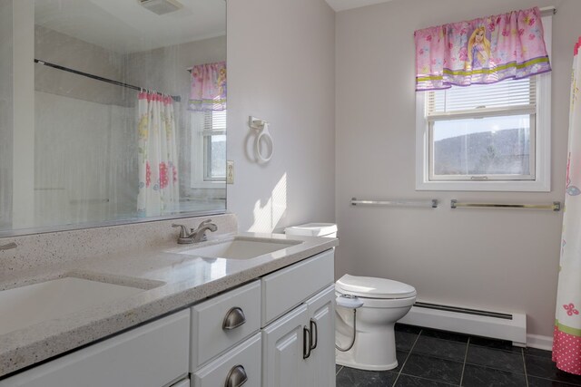 bathroom featuring vanity, baseboard heating, toilet, tile patterned floors, and a shower with curtain