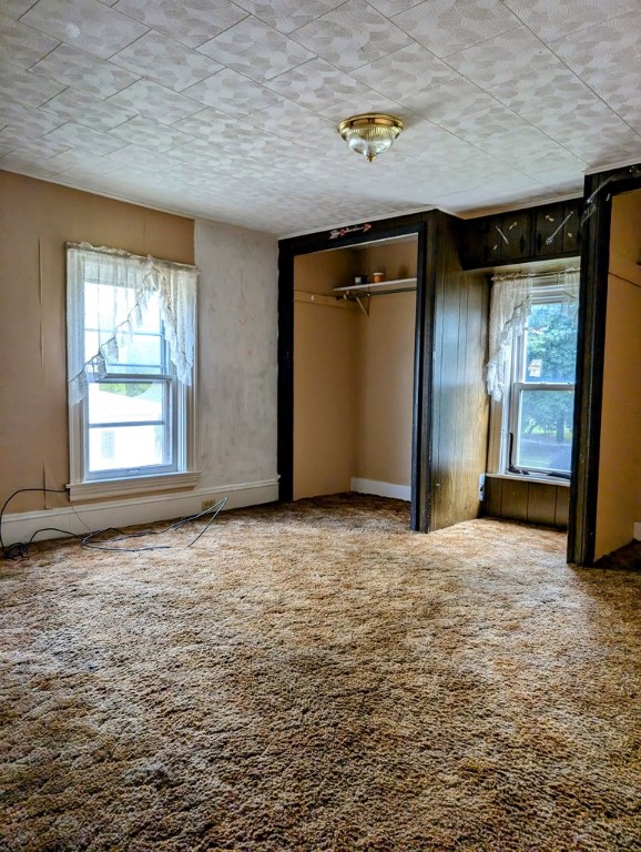 unfurnished bedroom with a closet, carpet floors, and multiple windows