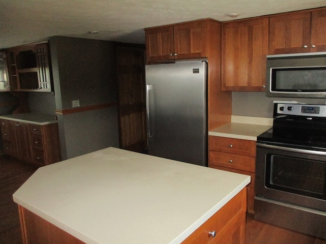 kitchen featuring dark wood-type flooring, stainless steel appliances, and a center island