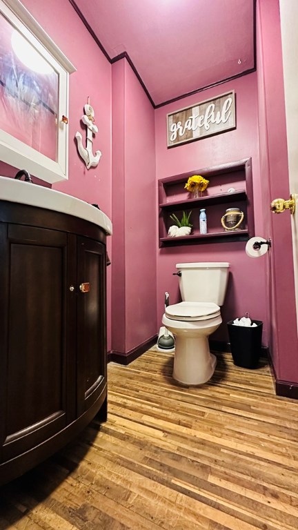 bathroom with hardwood / wood-style flooring, vanity, and toilet