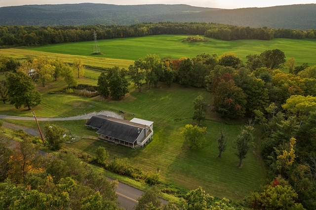 drone / aerial view with a mountain view and a rural view