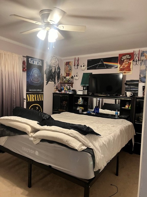 bedroom with crown molding and ceiling fan