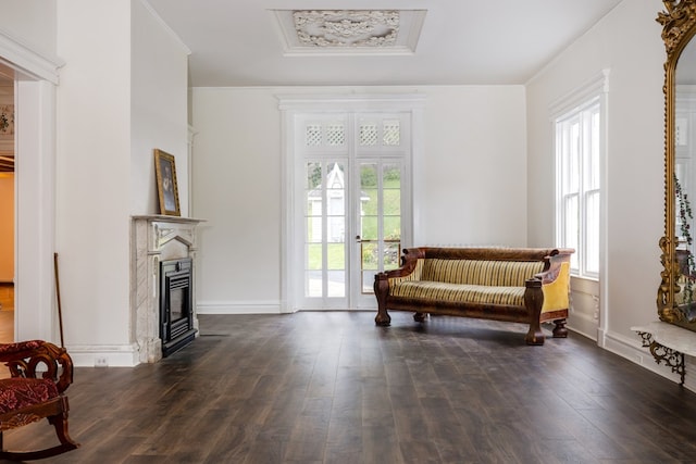 sitting room featuring dark wood-type flooring and ornamental molding