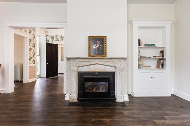 room details featuring radiator, built in features, a premium fireplace, wood-type flooring, and ornamental molding