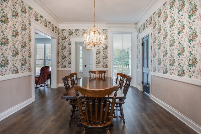 dining room featuring an inviting chandelier, crown molding, and dark wood-type flooring