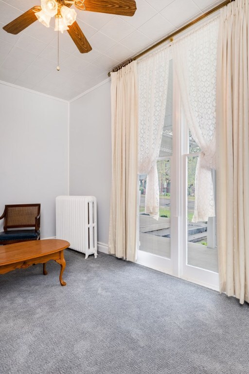 living area featuring crown molding, carpet, radiator, and ceiling fan