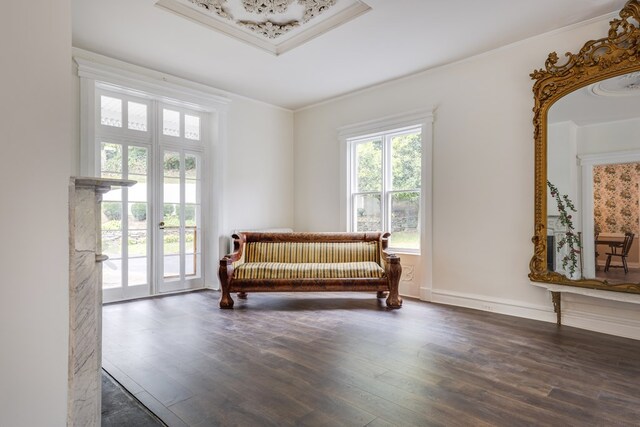 sitting room with crown molding, dark wood-type flooring, and french doors