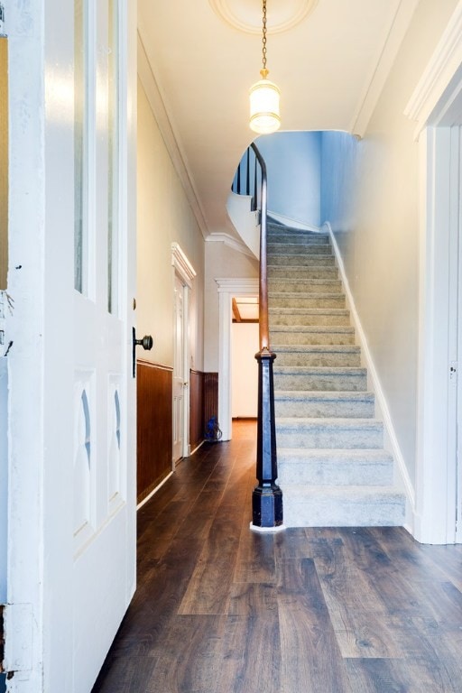 stairway featuring hardwood / wood-style floors and crown molding