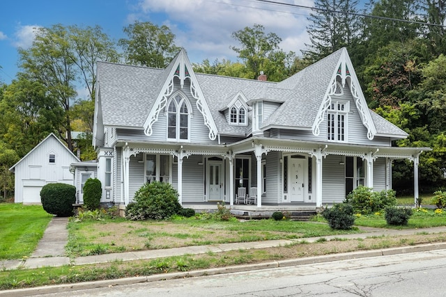 victorian-style house featuring an outbuilding, a porch, a garage, and a front lawn