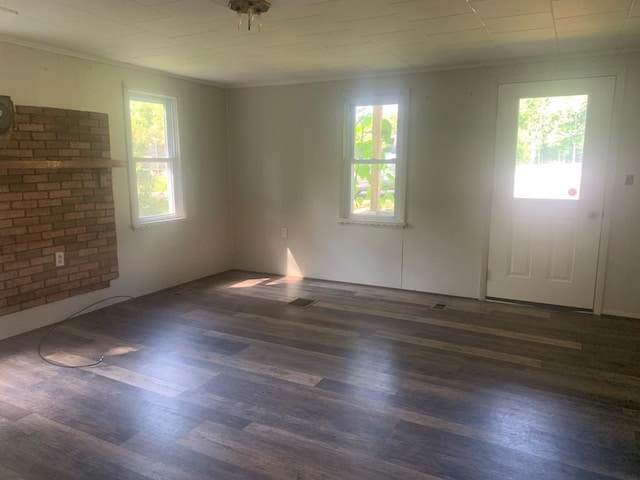 empty room with crown molding, a wealth of natural light, and dark hardwood / wood-style flooring